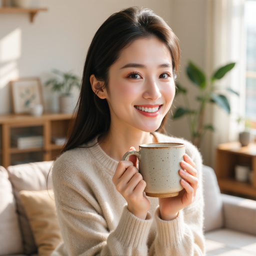 三十岁左右女性头像，穿浅色毛衣，温暖微笑，柔和光线